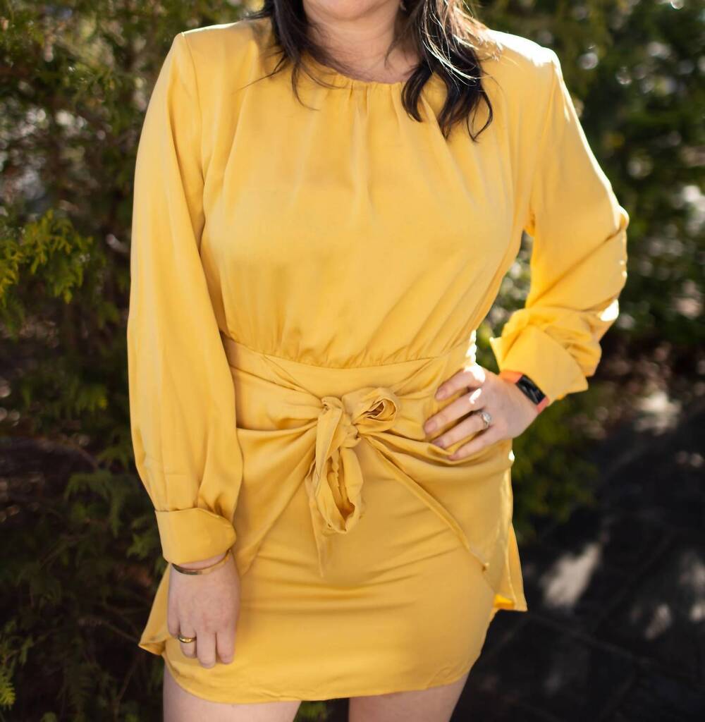 NEW ENTRO solid satin round neck long sleeve dress in yellow
